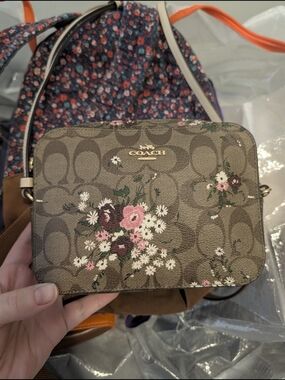 COACH Brown Floral Signature Camera Crossbody Bag